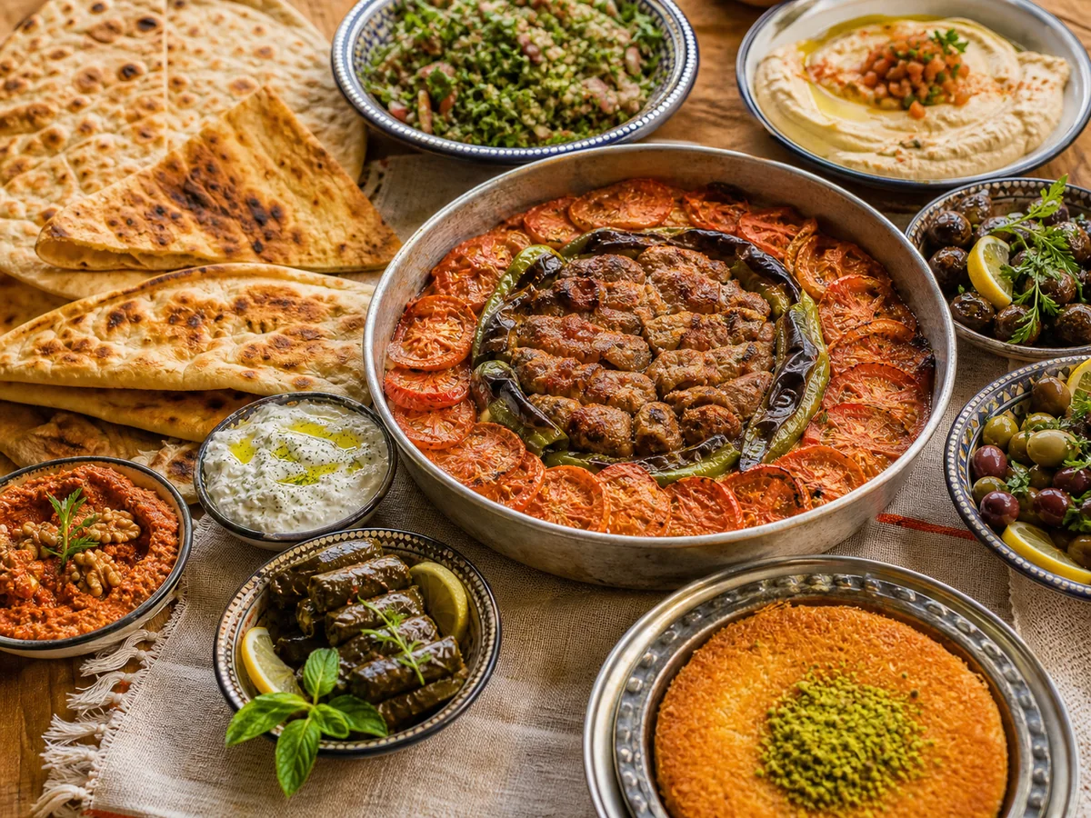 Tepsi kebabı, humus, muhammara, zahter salatası, künefe ve Hatay mezeleriyle Antakya sofrası