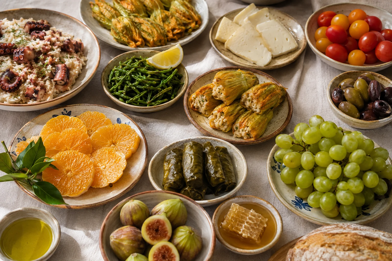 Bodrum ahtapot pilavı, kabak çiçeği dolması, deniz börülcesi, Bodrum mandalinası, Kos krasotyri peyniri, zeytin, üzüm, incir ve bal bulunan Ege sofrası