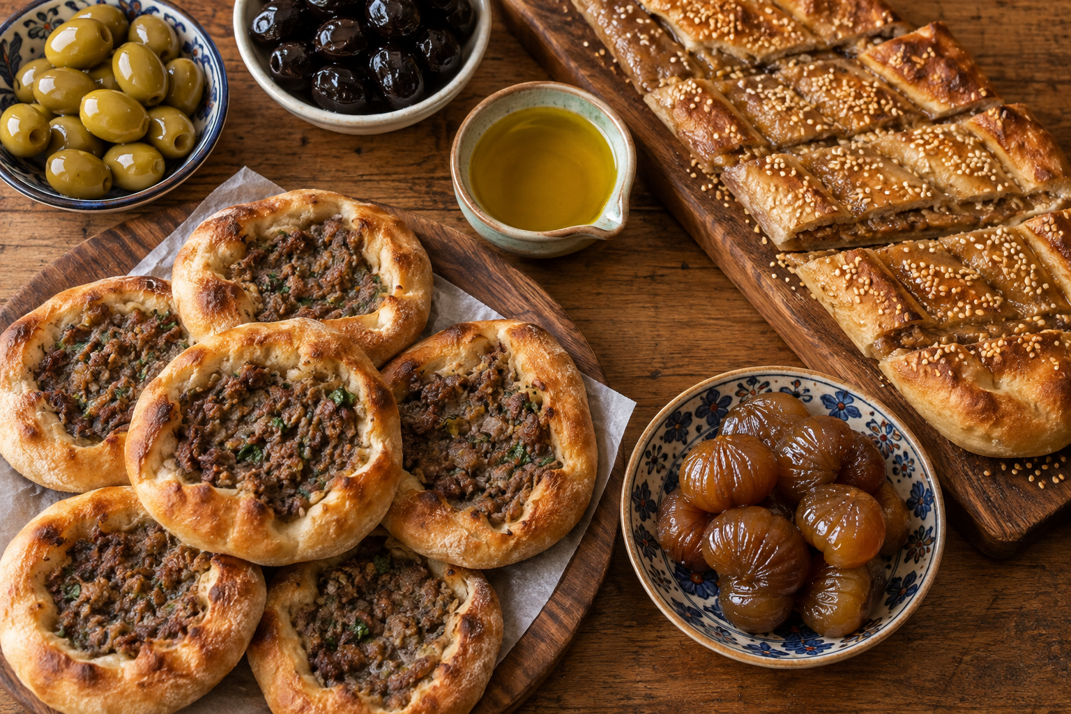 Bursa cantığı, tahinli pide, kestane şekeri, yeşil ve siyah zeytin ile zeytinyağı bulunan Bursa İznik sofrası