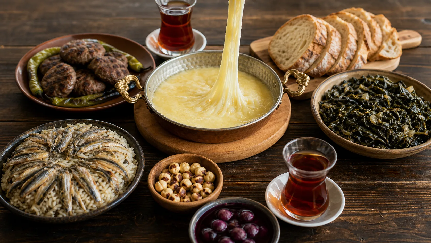 Trabzon, Rize ve Giresun mutfaklarını temsil eden muhlama, hamsili pilav, köfte, karalahana, fındık, pepeçura ve çay sofrası