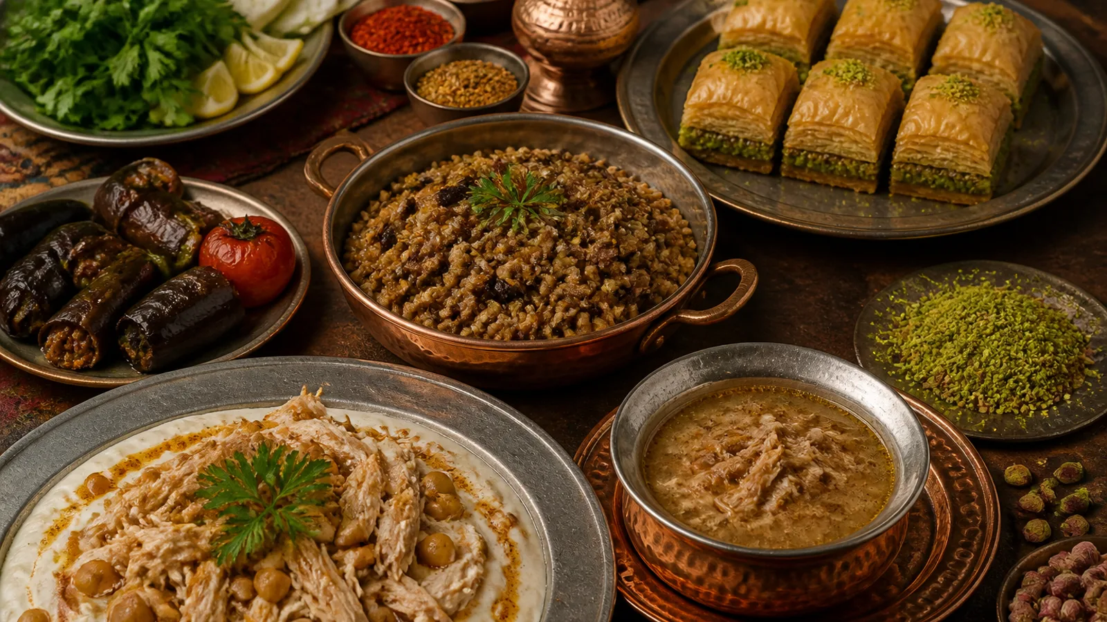 Gaziantep baklavası, beyran, firik pilavı, yuvalama ve kuru dolmalarla hazırlanmış yöresel sofra