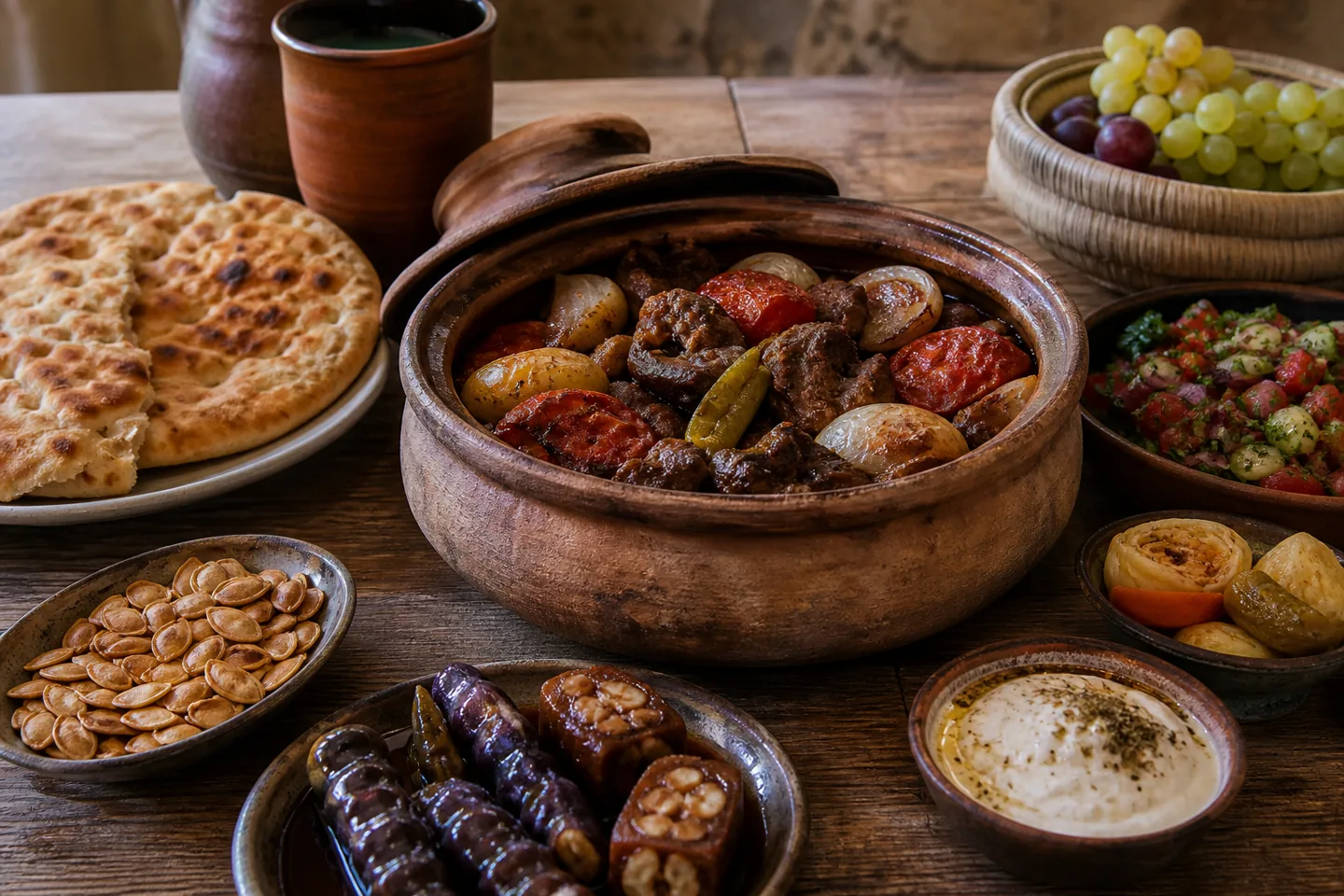 Kapadokya ve Nevşehir mutfağından çömlek yemeği, tandır ekmeği, üzüm ve kabak çekirdekli yöresel sofra