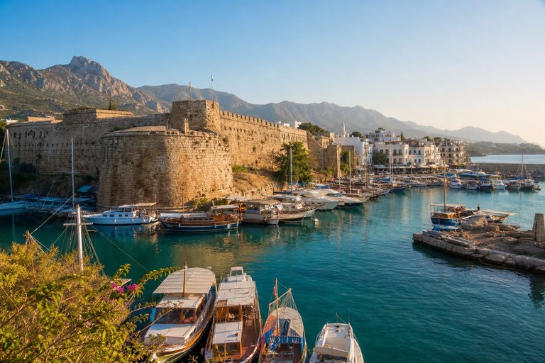 Girne kıyı hattı ve liman çevresinin panoramik görünümü