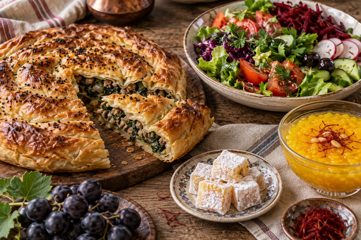 Safranbolu bükmesi, Amasra salatası, Safranbolu lokumu, safranlı zerde, safran telleri ve üzüm bulunan Batı Karadeniz sofrası