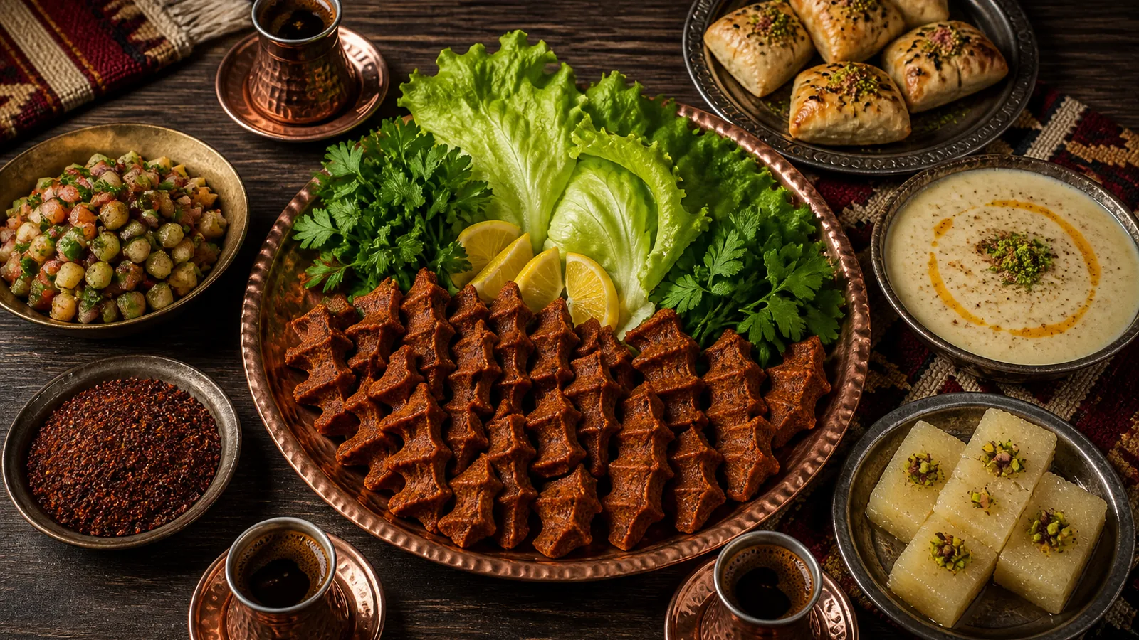 Şanlıurfa çiğ köftesi, isot, bostana, lebeni, ağzı açık, şıllık ve mırra ile hazırlanan yöresel sofra